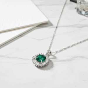 Round Green Emerald Pendant Necklace – Lab-Created Gemstone in 925 Sterling Silver Halo Design