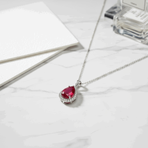 Teardrop Ruby Pendant Necklace – Lab-Created Gemstone in 925 Sterling Silver with Heart Accent