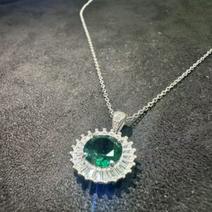 Round Green Emerald Pendant Necklace – Lab-Created Gemstone in 925 Sterling Silver Halo Design
