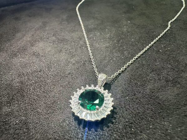 Round Green Emerald Pendant Necklace – Lab-Created Gemstone in 925 Sterling Silver Halo Design