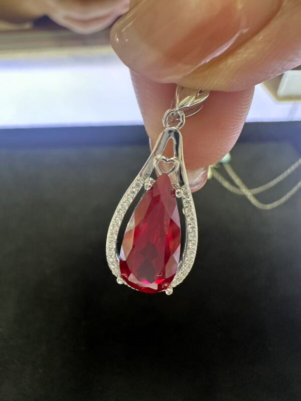 Teardrop Ruby Pendant Necklace – Lab-Created Gemstone in 925 Sterling Silver with Heart Accent